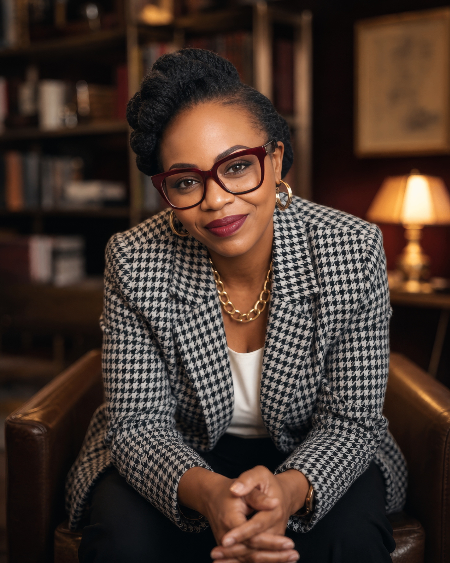 Padebi Ojomo in a black and white houndstooth blazer