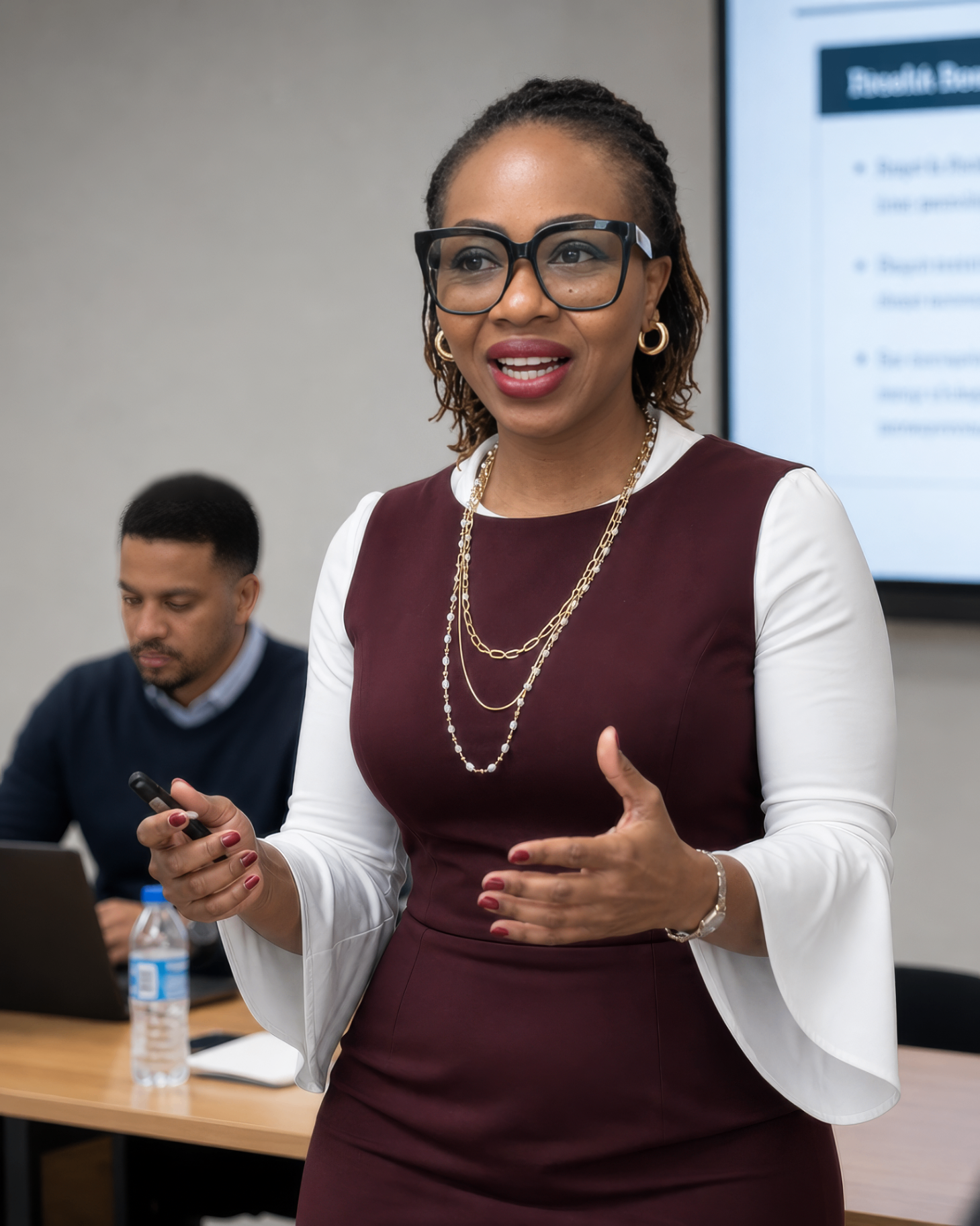 Padebi Ojomo presenting to a corporate team during an AI video training session