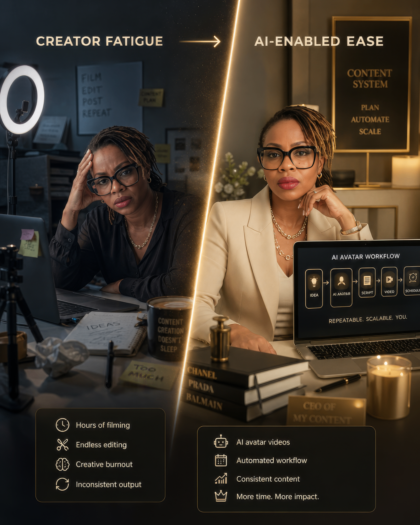 Split-screen comparison: traditional creator fatigue versus AI-enabled ease, showing a calm desk setup with an AI avatar studio on screen