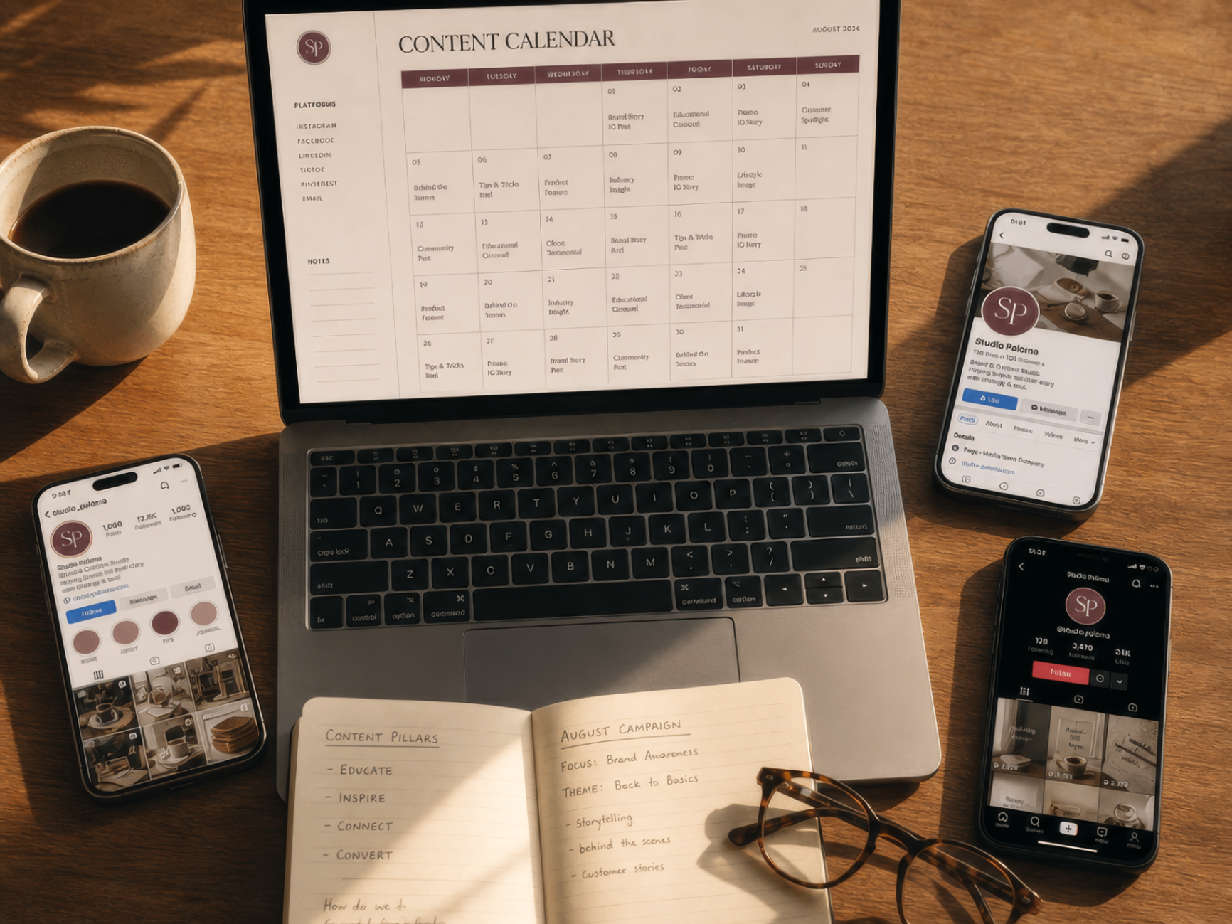 Laptop content calendar with three phones showing distributed posts across platforms
