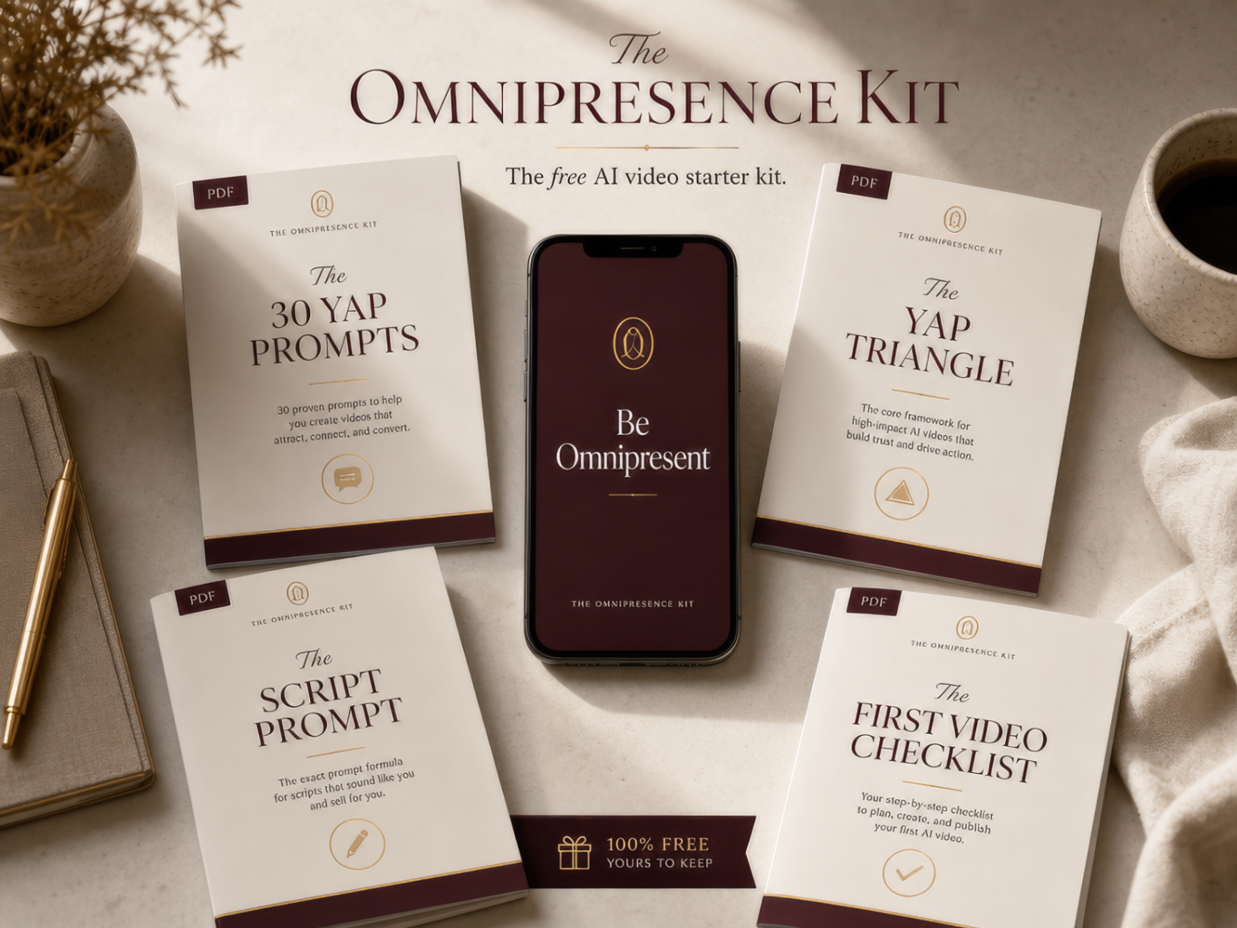 The four assets of The Omnipresence Kit arranged around a phone showing the Be Omnipresent screen