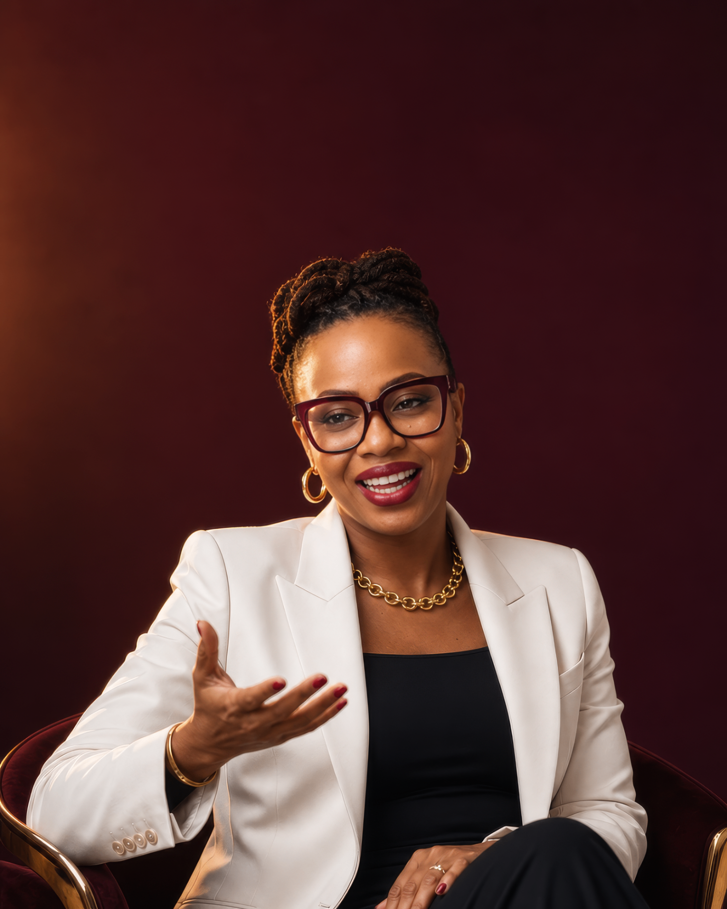 Padebi Ojomo in a white blazer against a plum backdrop