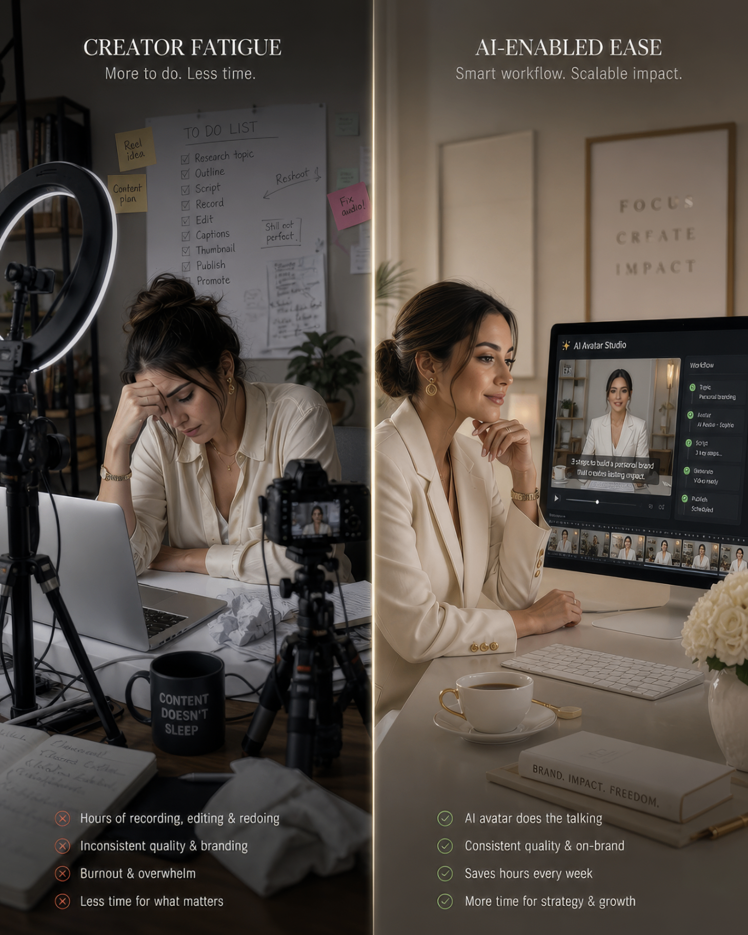 Split-screen comparison: traditional creator fatigue versus AI-enabled ease, showing a calm desk setup with an AI avatar studio on screen