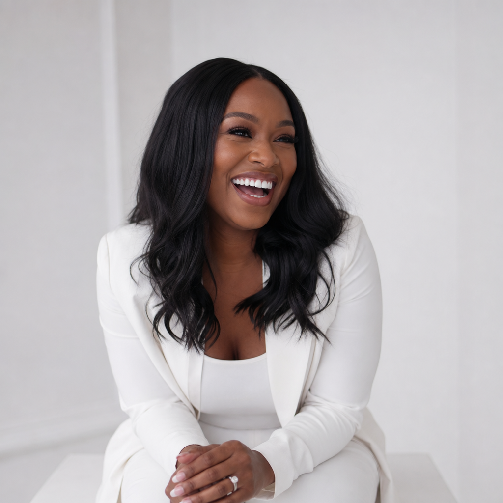 Black woman in white blazer laughing candidly