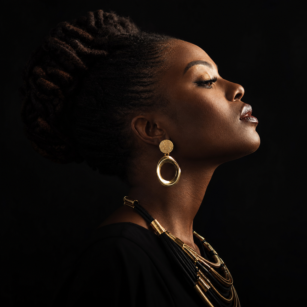 Black woman in profile wearing statement gold jewellery