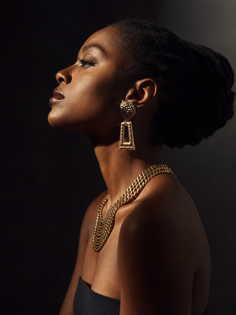 Black woman in profile wearing statement gold jewellery