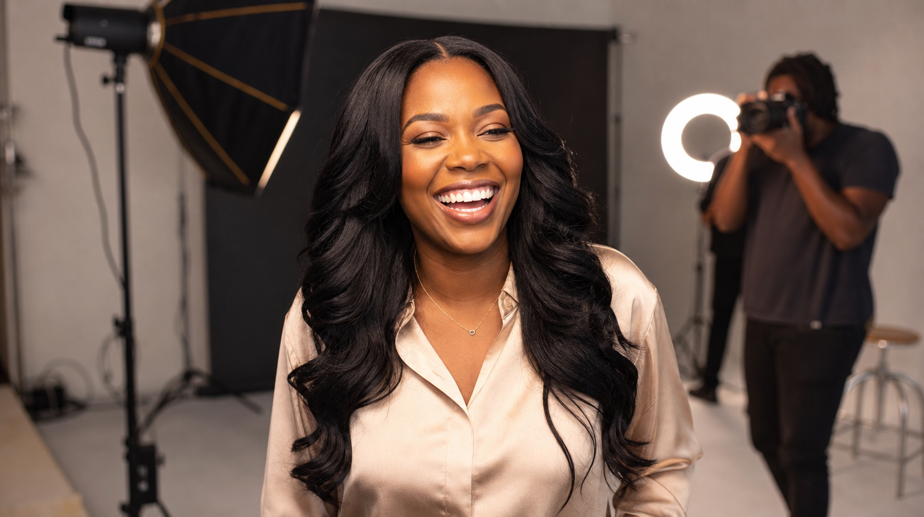 Black woman mid-photoshoot in professional studio