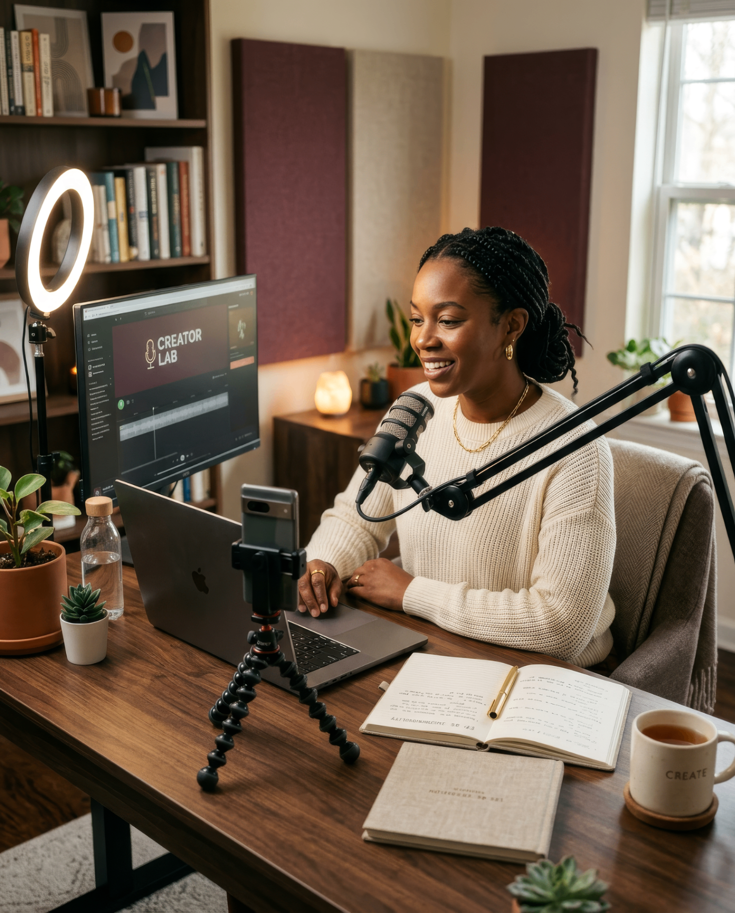 A creator's filming setup with a phone on a tripod and a ring light on a warm-lit desk, ready to record.